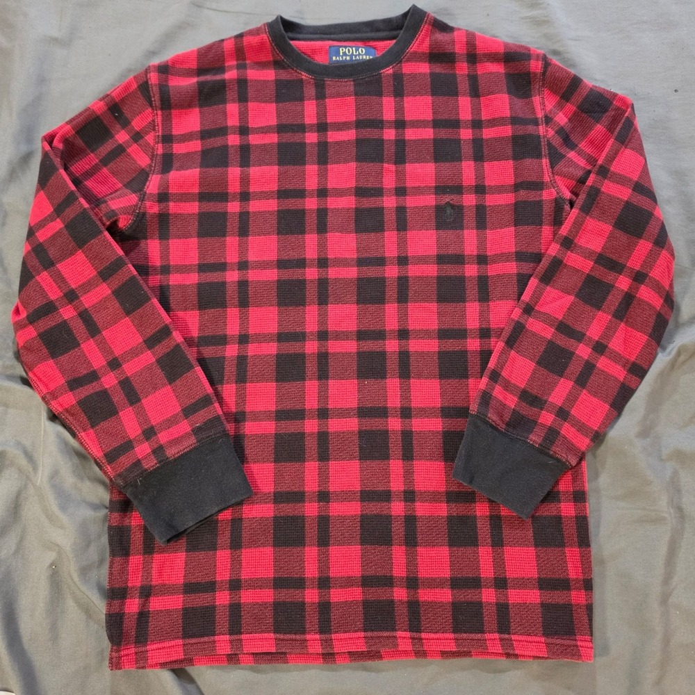 Polo Ralph Lauren Mens Red Black Buffalo Plaid Thermal Waffle Knit Shirt Medium